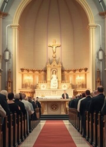 Uroczystość upamiętniająca męczenników katolickich w tradycyjnej świątyni Sanktuarium katolickie z duchownymi i wiernymi podczas uroczystości upamiętniającej męczenników, wyraz skupienia i czci, wierny tradycji katolickiej, realistyczne i pełne powagi zdjęcie.