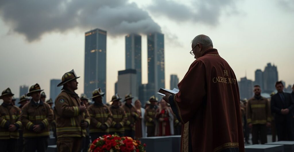 Reverentny katolicki obraz upamiętnienia bohaterów 9/11 z kapłanem, strażakami i modlitwą na Ground Zero, ukazujący szacunek i wiarę