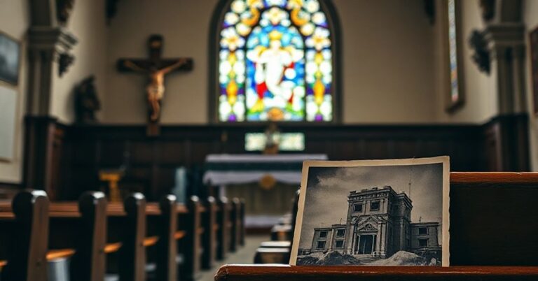 Wnętrze kościoła z krzyżem i witrażem Serca Jezusa, na ławce zdjęcie architekta żydowskiego z lat 30., symbolizujące konsekwencje odrzucenia społeczeństwa Chrystusa Króla