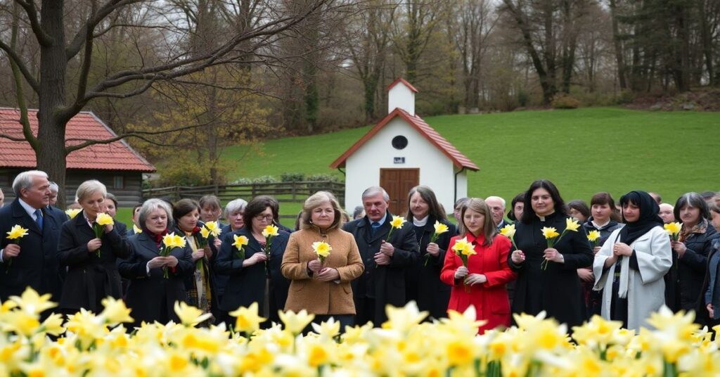 Grupa osób trzymających papierowe żonkile przed kapliczką w tradycyjnej polskiej wiosce.