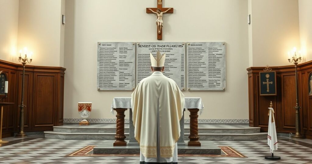 Kapłan w tradycyjnym stroju katolickim przed pamiątkową tablicą, symbolizujący prawdziwy katolicki pogrzeb i sprzeciw wobec nowoczesnych reinterpretacji historii