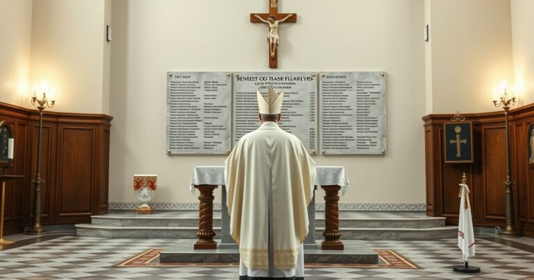 Kapłan w tradycyjnym stroju katolickim przed pamiątkową tablicą, symbolizujący prawdziwy katolicki pogrzeb i sprzeciw wobec nowoczesnych reinterpretacji historii