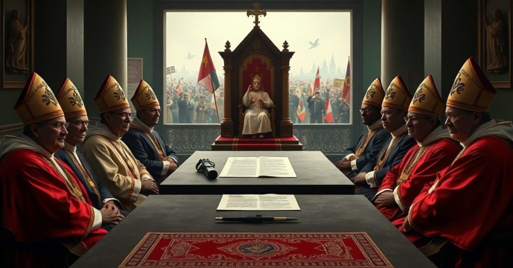 Grupa "biskupów" Panamy dyskutująca nad nową konstytucją w miejscu pustego tronu Chrystusa-Króla