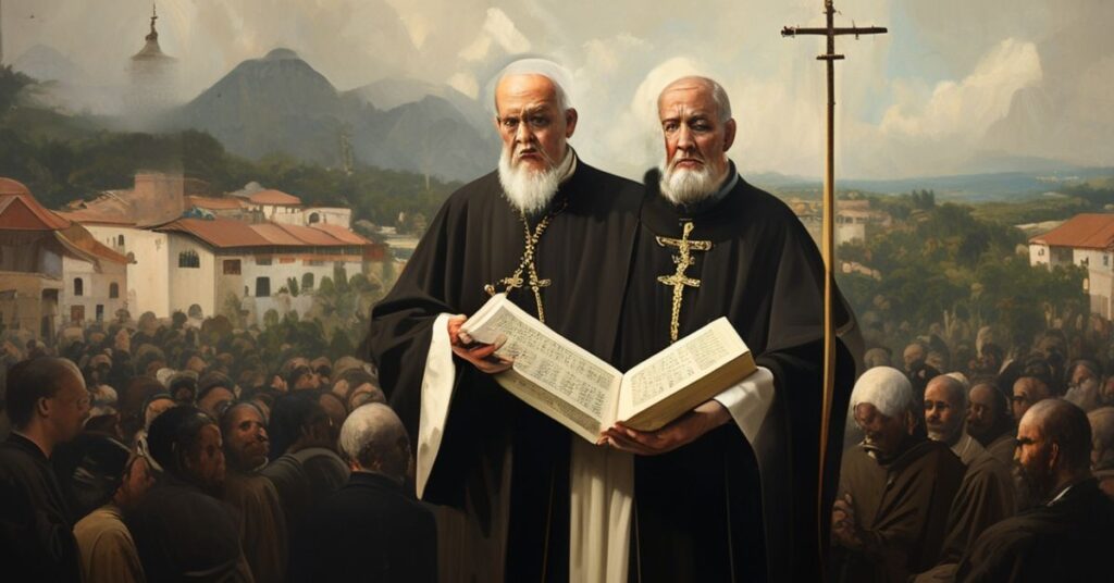 Katolicki biskup w tradycyjnych szatach liturgicznych stoi przed zebranymi wierzącymi, trzymając egzemplarz Ewangelii i gestykuluje w kierunku rozdartego Biblii zastąpionego świeckim dokumentem prawnym. Tło przedstawia pejzaż panamski z architekturą kolonialną i odległym krzyżem na wzgórzu.