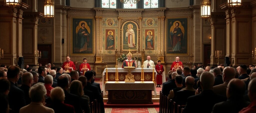 Uroczysta Panichida za abp. Józefa Michalika w obrządku greckokatolickim prowadzona przez abp. Eugeniusza Popowicza i innych duchownych.