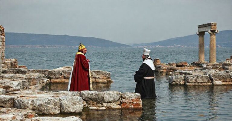 Zwiedzanie ruiny bazyliki św. Neofita w Iznik przez 'papieża' Leona XIV i patriarchę Konstantynopola Bartłomieja I, z obeznanem w wodzie jeziora