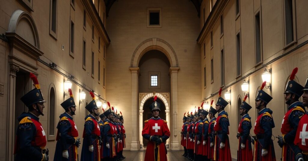Papieska Gwardia Szwajcarska w tradycyjnych mundurach stojąca przed starymi koszarami w Watykanie.