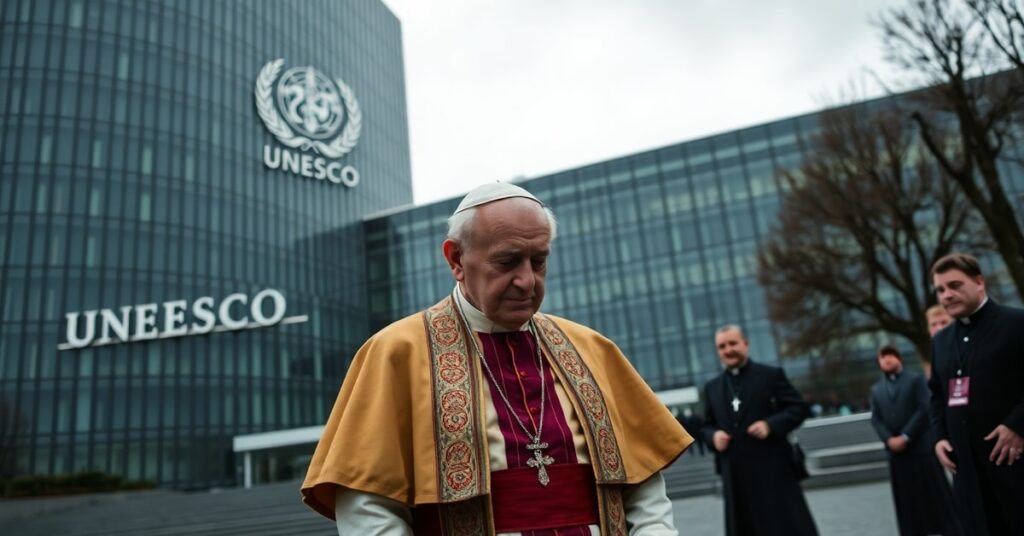 Stary mężczyzna w habicie papieskim stoi przed siedzibą UNESCO w Paryżu, wyrażając smutek. Tło przedstawia nowoczesny budynek z logo UNESCO. Scena jest ponura i symbolizuje duchowy mrok.