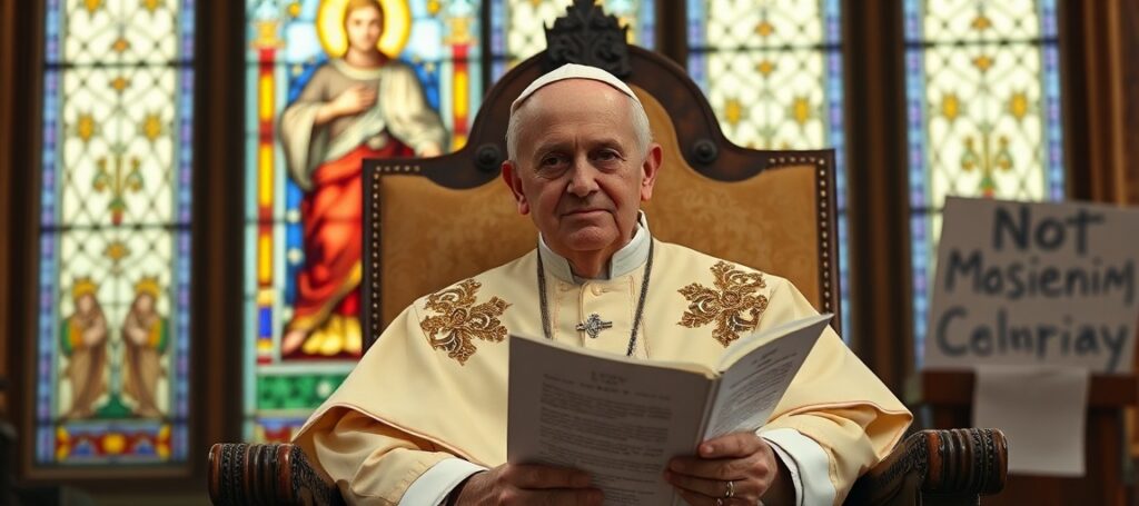 Papież Leon XIII trzymający encyklikę 'Rerum novarum' przy oknie witrażowym przedstawiającym Chrystusa Króla