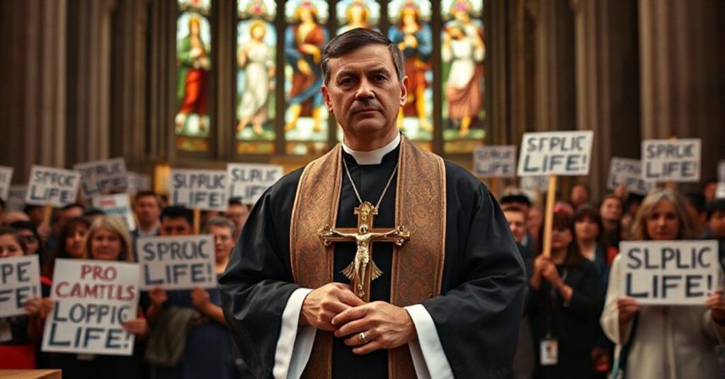 Ksiądz w tradycyjnych szatach liturgicznych trzyma krzyż przed tłumem manifestantów z transparentami przeciw aborcji w katedrze