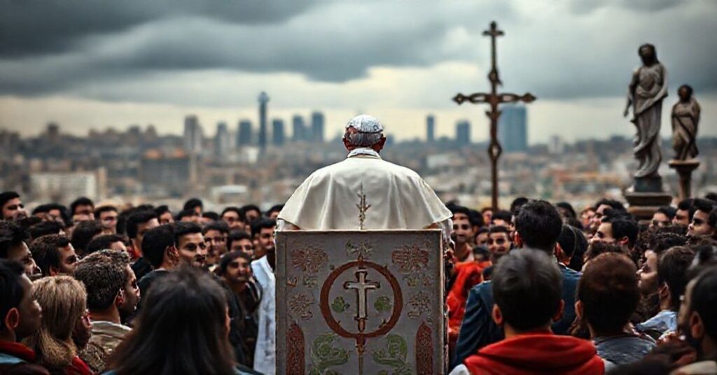 Papież Leo XIV przemawia do młodzieży w Bejrucie, Libanie. Tło: rozczarowani słuchacze i tradycyjne symbole katolickie.