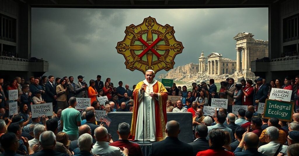 Obraz przedstawiający kontrowersyjne przesłanie rzekomego papieża Leona XIV na szczycie klimatycznym COP30 w Brazylii, ukazujące konflikt między prawdziwą katolicyzmem a nowoczesnym herezją.