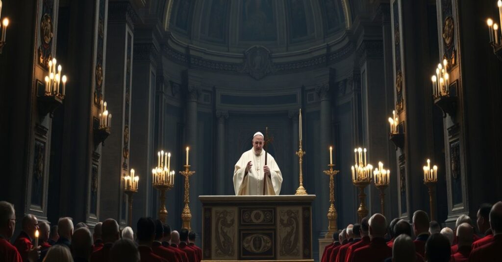 Realistyczny obraz papieża Leona XIV (uzurpatora) podczas kazania w Niedzielę Palmową 2026 w Bazylice św. Piotra. Scena przedstawia słabo oświetloną wnętrza z bogatą architekturą katolicką, papieża w białych szatach i kardynałów w czerwonych szatach.
