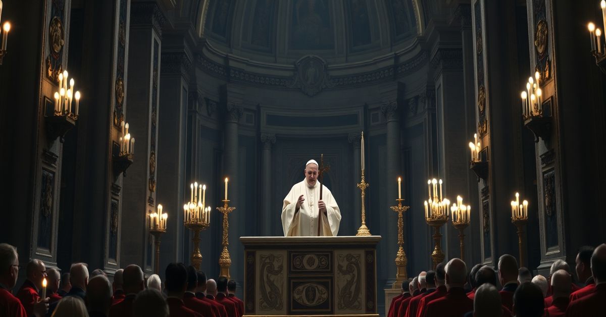 Papież-uzurpator Leon XIV potępia wojnę w homilii Palmowej 2026 Realistyczny obraz papieża Leona XIV (uzurpatora) podczas kazania w Niedzielę Palmową 2026 w Bazylice św. Piotra. Scena przedstawia słabo oświetloną wnętrza z bogatą architekturą katolicką, papieża w białych szatach i kardynałów w czerwonych szatach.