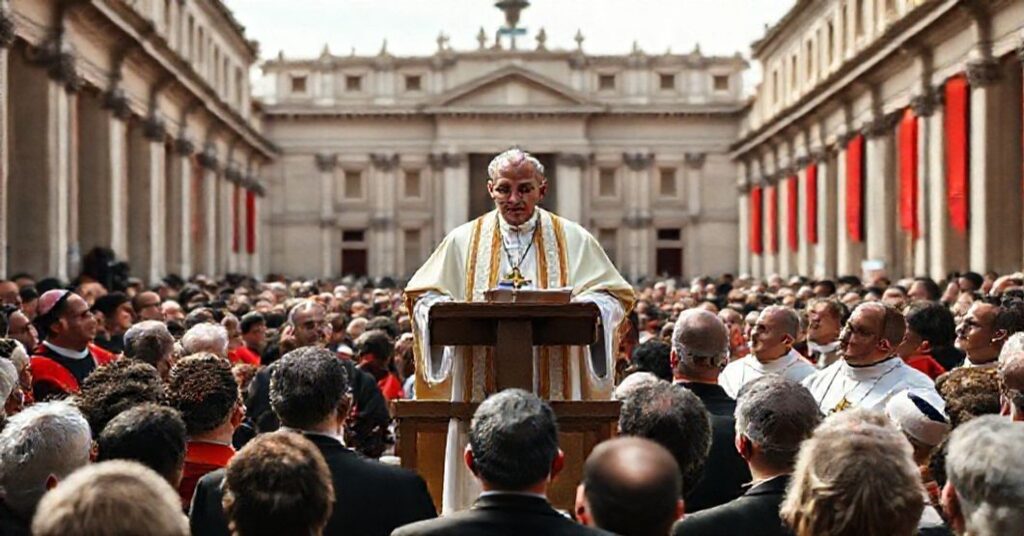 Zdjęcie przedstawiające "papieża" Leona XIV podczas audiencji ogólnej w Watykanie, gdzie promuje modernistyczne nauki o życiu i pomija kluczowe katolickie doktryny.