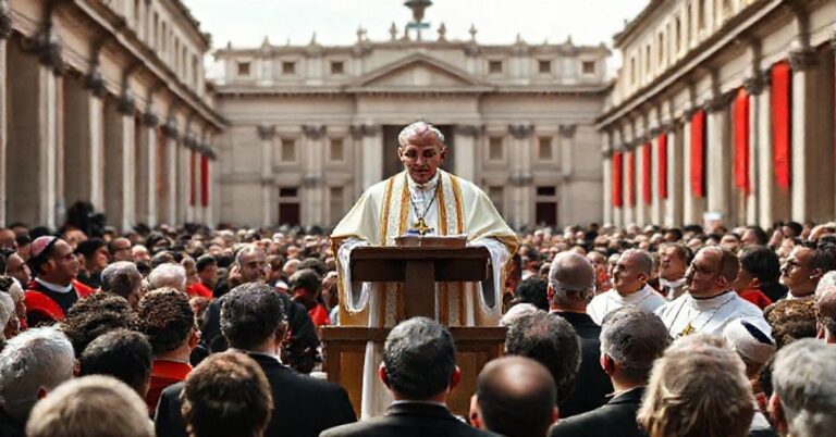 Zdjęcie przedstawiające "papieża" Leona XIV podczas audiencji ogólnej w Watykanie, gdzie promuje modernistyczne nauki o życiu i pomija kluczowe katolickie doktryny.