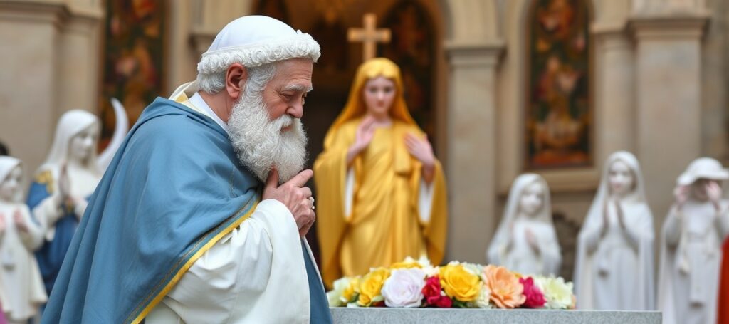 Papież Leon XIV modli się różańcem w Ogrodach Watykańskich, podczas gdy tłumy wiernych łączą się z nim duchowo za pośrednictwem telebimów. Scena symbolizuje redukcję katolicyzmu do naturalistycznego pokoju bez Chrystusa Króla.