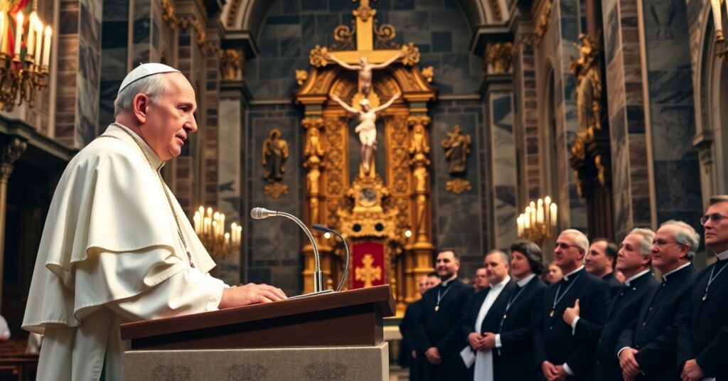 Papież Leon XIV wygłaszający przemówienie do pisarzy w bazylice św. Piotra – tradycyjny katolicki kontekst bez modernistycznych wpływów