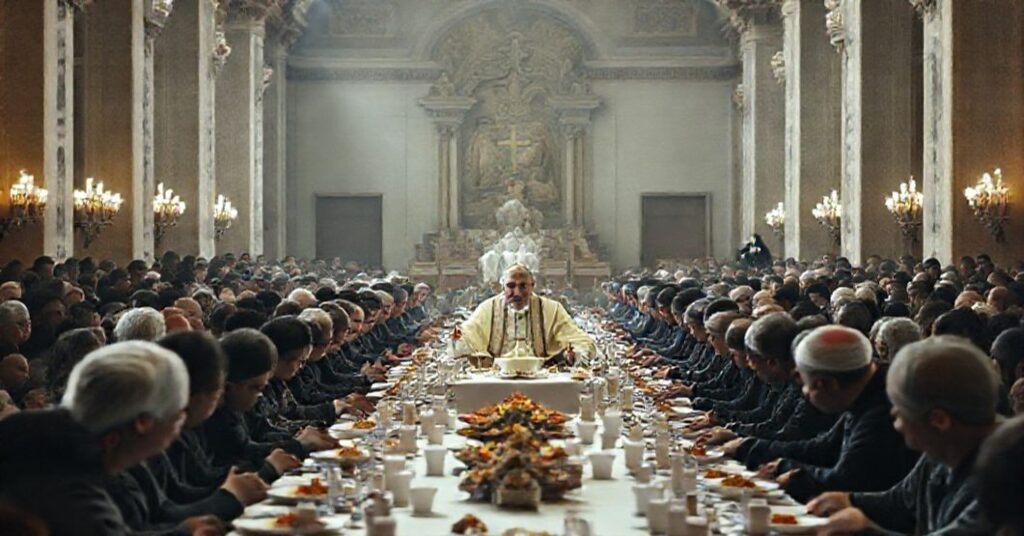 Obraz przedstawiający "Papieża" Leona XIV podczas spotkania z ubogimi w Auli Pałacowej VI, bez odniesienia do sakralnych symboli.