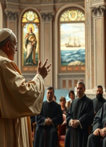 Papież Leon XIV i modernistyczna teologia - niebezpieczny kurs Obraz przedstawiający Papieża Leona XIV w watykańskiej sali z teologami, symbolizujący zaprzeczenie tradycyjnej teologii katolickiej poprzez nowoczesne inkulturacje.