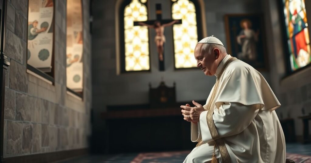 Papież modlący się w tradycyjnej kaplicy z krzyżem i Eucharystią, wyraz głębokiej pobożności i katolickiej tradycji