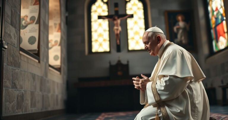 Papież modlący się w tradycyjnej kaplicy z krzyżem i Eucharystią, wyraz głębokiej pobożności i katolickiej tradycji