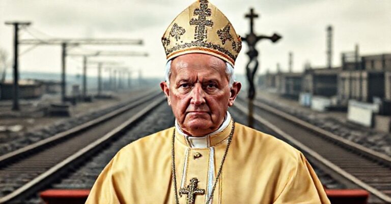 Papież Pius XI przed ołtarzem z symbolem papieskim na tle zniszczeń kolejowych symbolizujących wojnę hybrydową