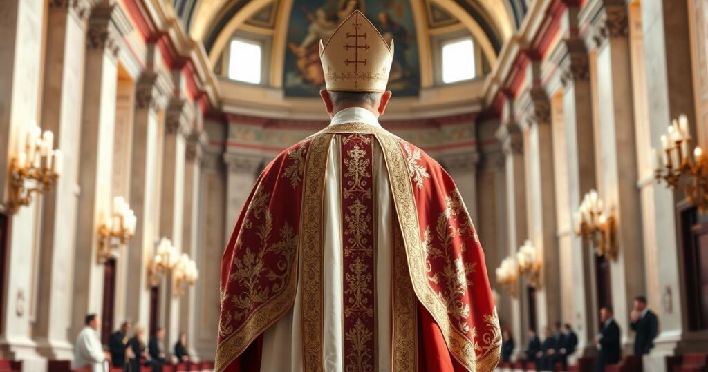 Szalony papież w tradycyjnych szatach papieskich w Pałacu Apostolskim, symbolizujący autentyczną władzę Kościoła katolickiego