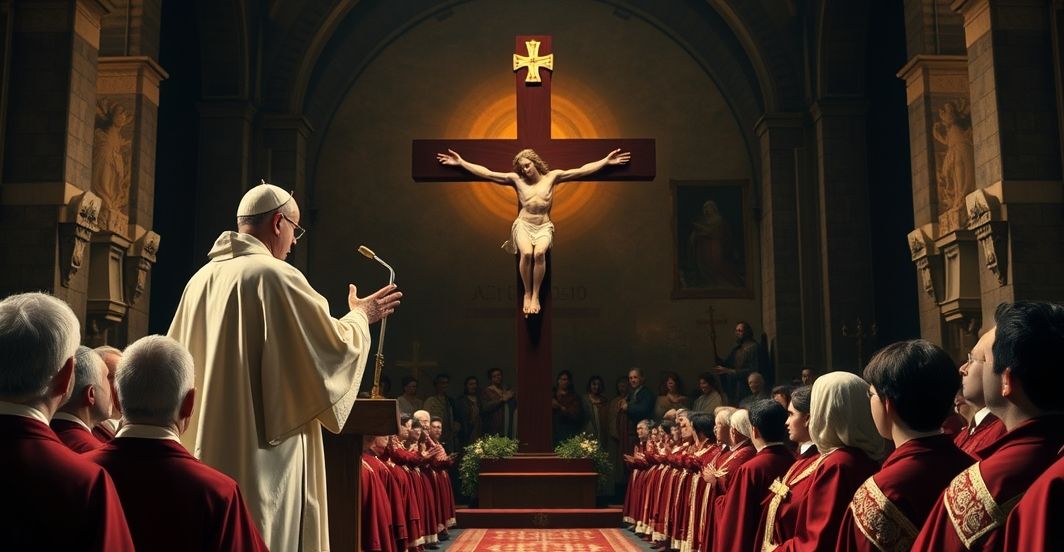 Obraz ukazujący papieża w tradycyjnych szatach, modlącego się przy krzyżu, symbolizujący prawdziwe nauki Kościoła katolickiego, z podkreśleniem wagi Krzyża i autentycznego nauczania.