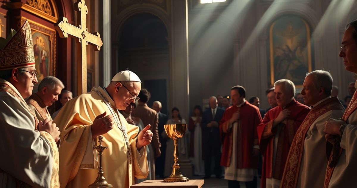 Obraz przedstawiający papieża w modlitwie podczas oficjalnej ceremonii w Wenecji, z elementami sakramentalnymi i tradycyjnymi symbolami katolickimi.