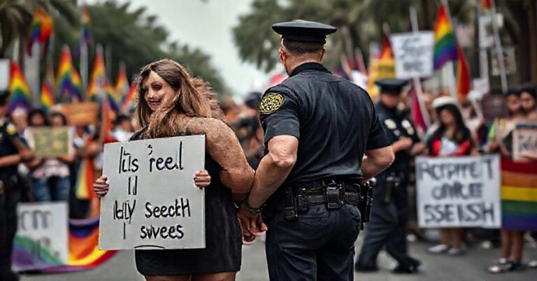 Parę chrześcijańską zatrzymuje policja podczas paradę LGBTQ w Orlando. Przenoszą transparenty z przekazaniami religijnymi.