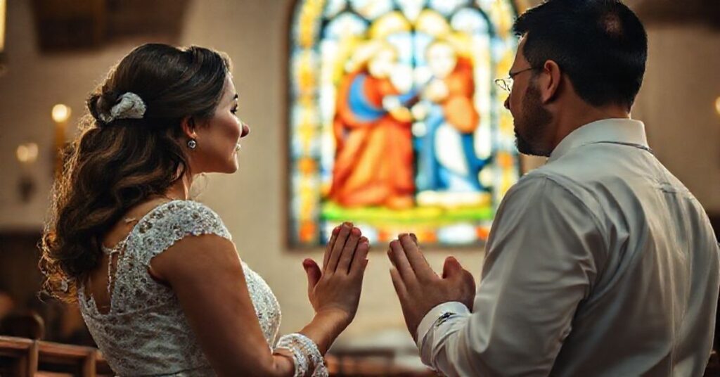 Tradycyjna katolicka para modli się w kościele, patrząc przez witraż przedstawiający Świętą Rodzinę. Światło podkreśla ich pobożność i powagę chwili.