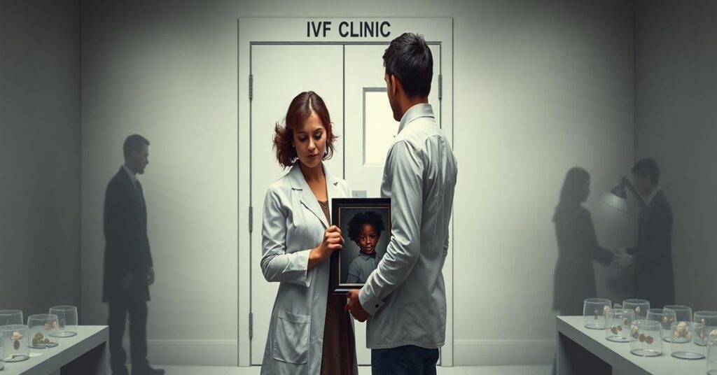 Parę Stevena Millsa i Tiffany Score przed kliniką IVF Life Inc. z fotografią adoptowanego dziecka i dokumentami dotyczącymi embrionów.