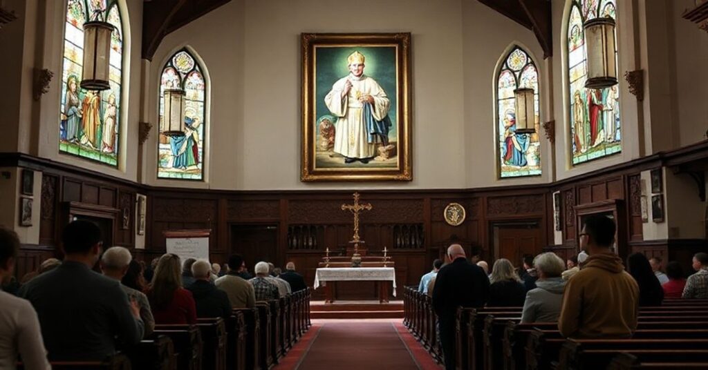 Wnętrze tradycyjnego kościoła katolickiego w Los Angeles z wiernymi modlącymi się przed ołtarzem w otoczeniu witraży. Na tle wisi portret Piusa XI.