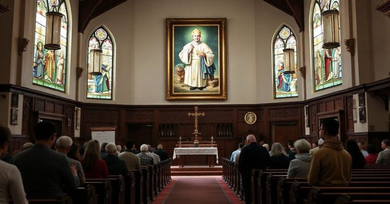 Wnętrze tradycyjnego kościoła katolickiego w Los Angeles z wiernymi modlącymi się przed ołtarzem w otoczeniu witraży. Na tle wisi portret Piusa XI.