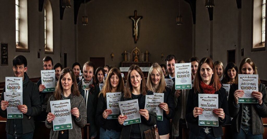 Smutne wnętrze kościoła z półciennym ołtarzem i pustymi ławkami. Grupa parafian z ulotkami konkursu „Aktywna Parafia” - sporty, ekologia i charytaty.