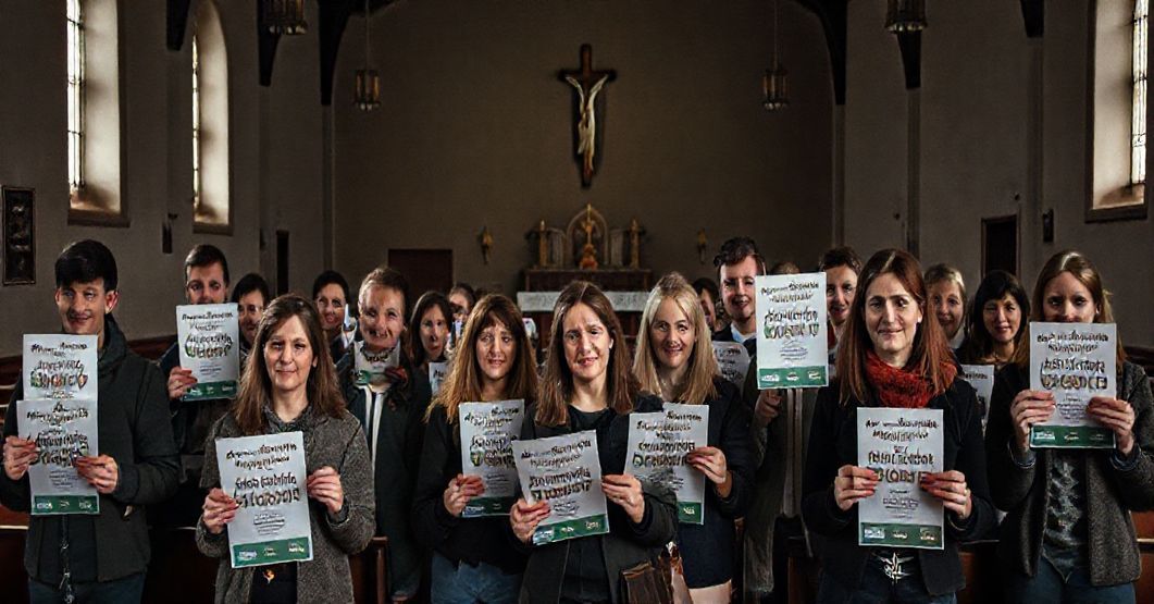 Smutne wnętrze kościoła z półciennym ołtarzem i pustymi ławkami. Grupa parafian z ulotkami konkursu „Aktywna Parafia” - sporty, ekologia i charytaty.