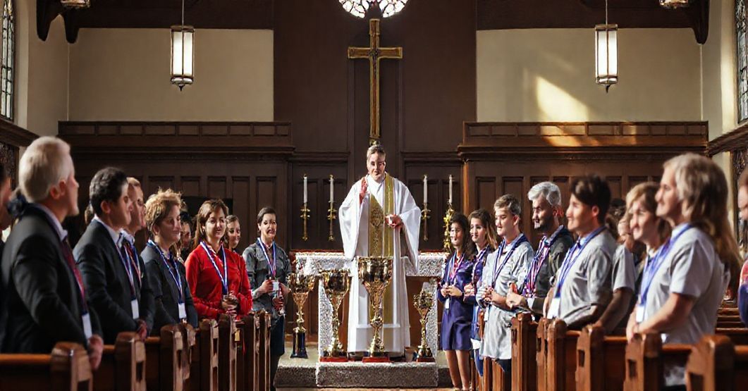 Wnętrze tradycyjnej parafii katolickiej z nagrodami sportowymi zamiast religijnymi symbolami