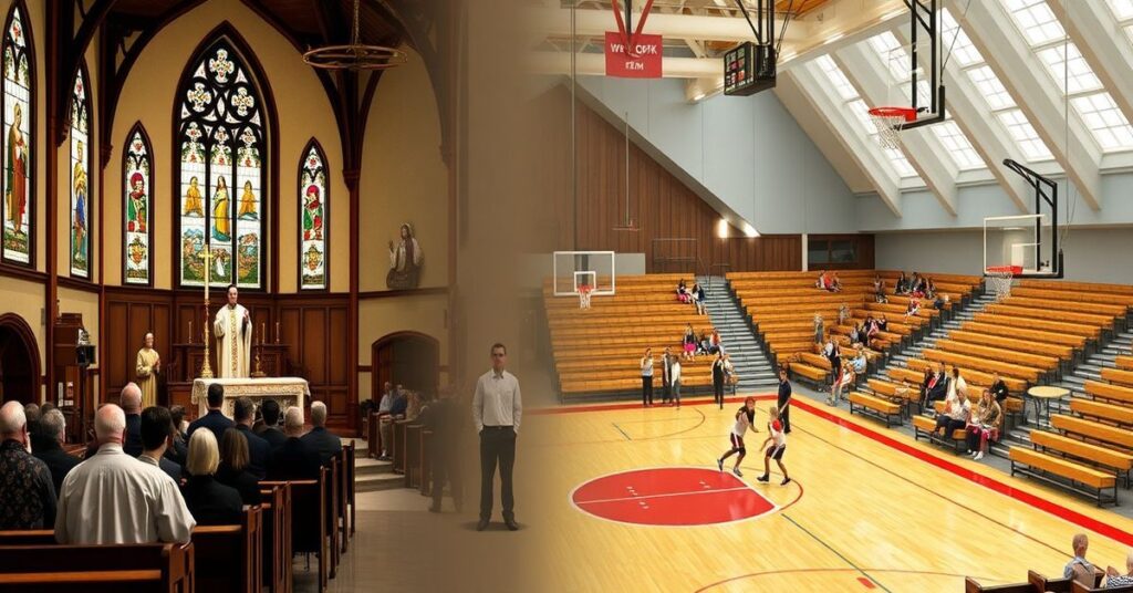 Tradycyjny katolicki wnętrze kościoła z uroczystą Mszą Trydencką w porównaniu z modernistycznym 'kościołem gimnazjalnym' w Utah.