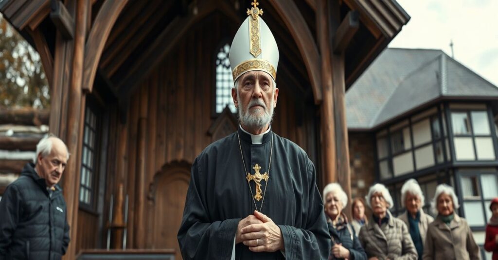 Ks. Marian Fatyga przed drewnianym kościołem w Kielcach z grupą starszych parafian