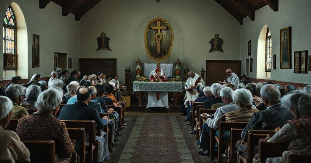 Grupa seniorów w kościelnej sali modlitwy otrzymuje wsparcie duchowe i materialne od kapłanów i wolontariuszy