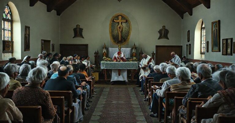 Grupa seniorów w kościelnej sali modlitwy otrzymuje wsparcie duchowe i materialne od kapłanów i wolontariuszy