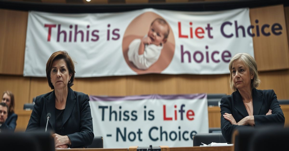 Zdjęcie reprezentujące oburzenie lewicowych eurodeputowanych wobec pro-life banera w Parlamencie Europejskim.