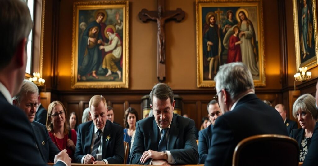 Sala Parlamentu Szkockiego po odrzuceniu ustawy o eutanazji; Liam McArthur zrozpaczony; tradycyjne katolickie symbole w tle.