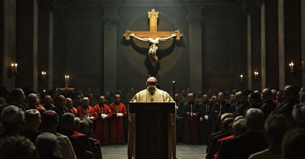 Scena w Auli Pawła VI w Watykanie podczas fałszywych kazań adwentowych prowadzonych przez uzurpatora Leonem XIV (Roberto Prevost). Wokół niego pseudo-kardynałowie i duchowni w modernistycznych ornatach. Atmosfera duchowego zaniedbania i herezji.