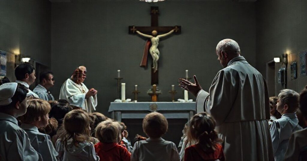 Scena w Bambino Gesłś szpitala pediatricznego z "kardynałem" Parolinem podczas modernistycznego przemówienia