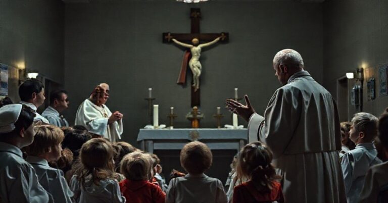 Scena w Bambino Gesłś szpitala pediatricznego z "kardynałem" Parolinem podczas modernistycznego przemówienia