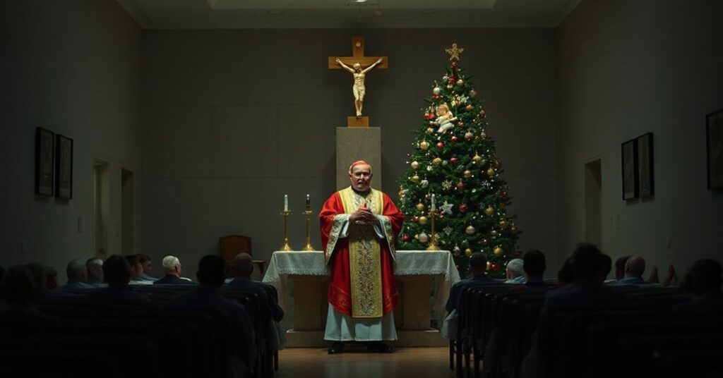 Zdjęcie przedstawia „kardynała” Pietro Parolina w Instytucie Dermopatycznym Niepokalanego Poczęcia w Rzymie podczas pseudomszy z widocznym synkretyzmem choinki i figurki Dzieciątka Jezus.