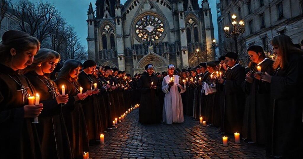 Ciemna procesja z pochodniami przed zniszczonym kościołem w Paryżu, symbolizująca duchową pustkę w odpowiedzi na islamistyczną masakrę.