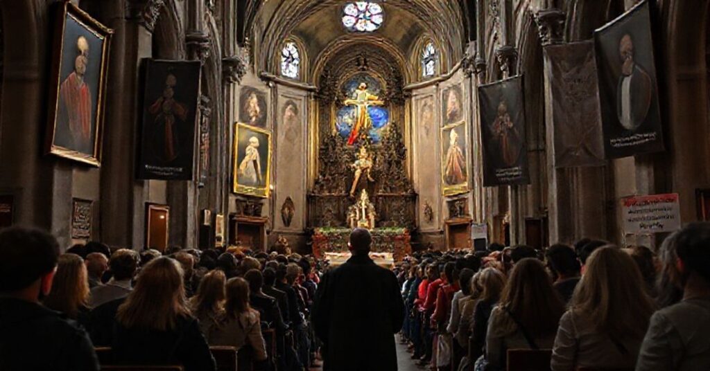 Scena Kościoła w Paryżu podczas ekumenicznego spotkania Taizé, ukazująca dekonsekrację katolickiej wiary przez naturalistyczne wydarzenie o charakterze emocjonalnym.